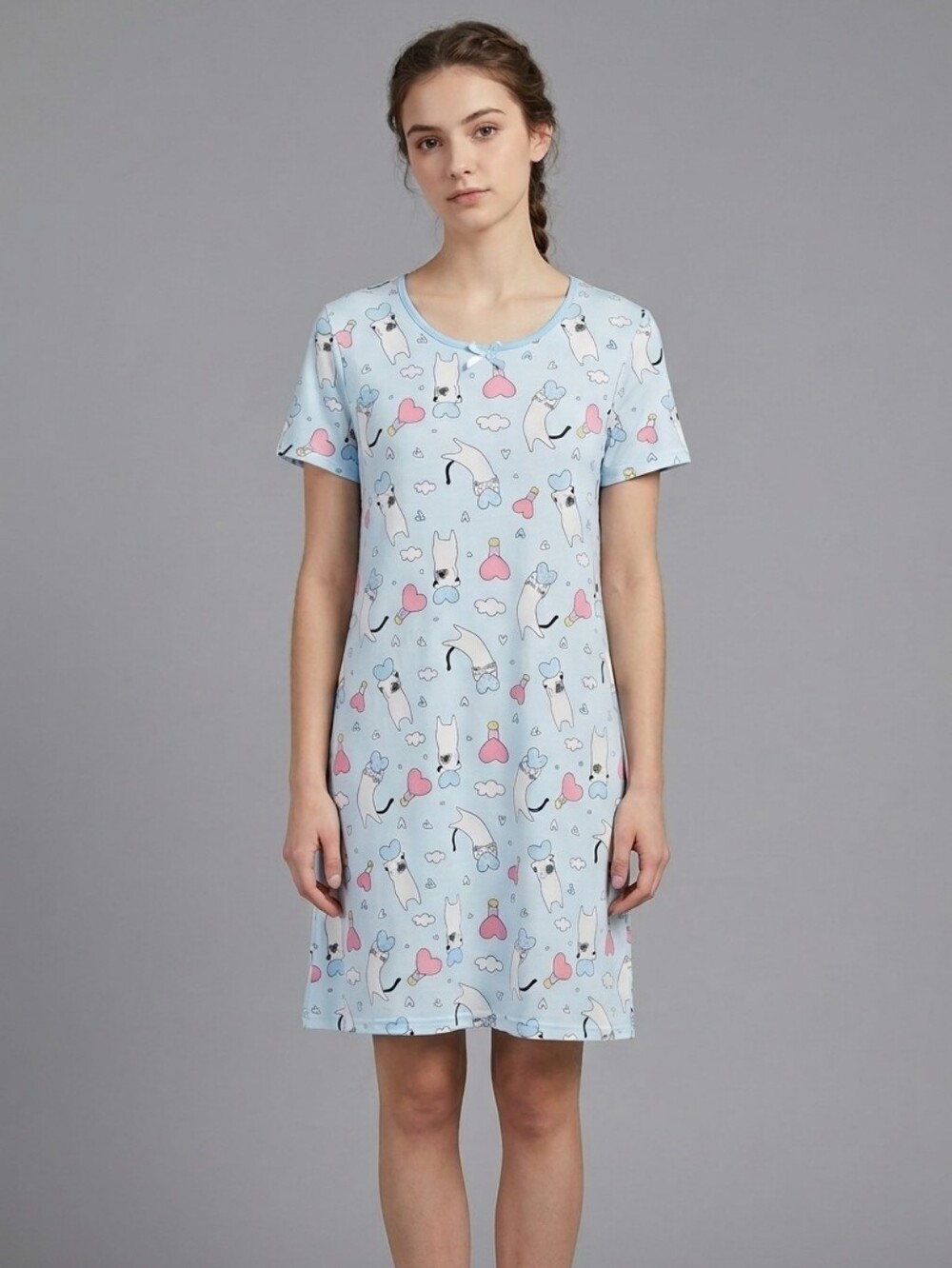 Esti Couture Juniors Blue Cat & Dog Print Short Sleeve Night Gown Size Large 🐈